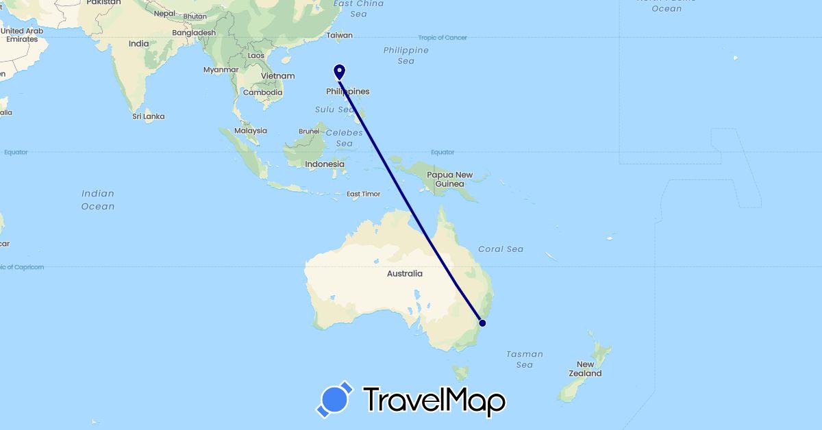 TravelMap itinerary: driving, plane in Australia, Philippines (Asia, Oceania)